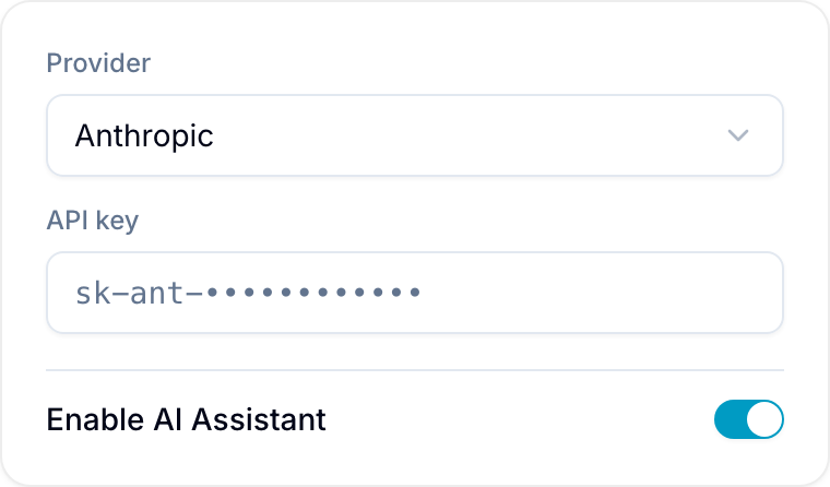 Provider select and API key field, with Enable AI Assistant toggle