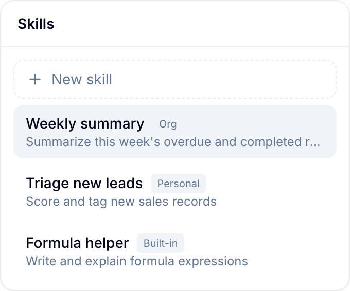 Skills picker showing Personal, Org, and Built-in skills