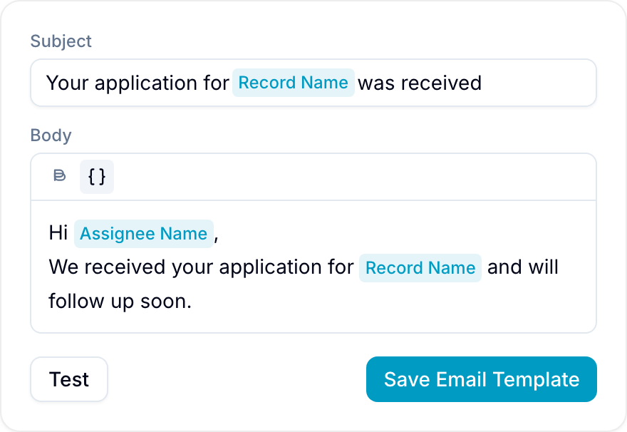 Email template editor with subject, body, variable, and test controls