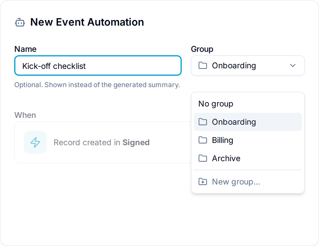 Automation form with the Name field and the Group picker