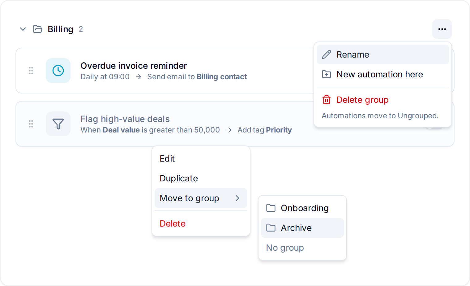 Group menu and the Move to group submenu