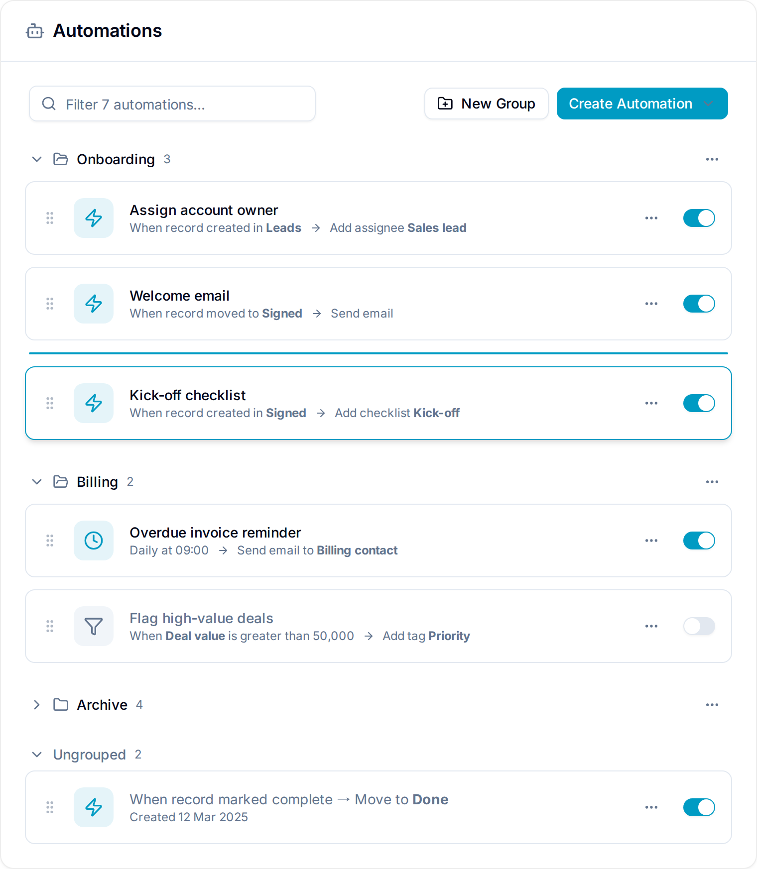 Automations list organized into groups