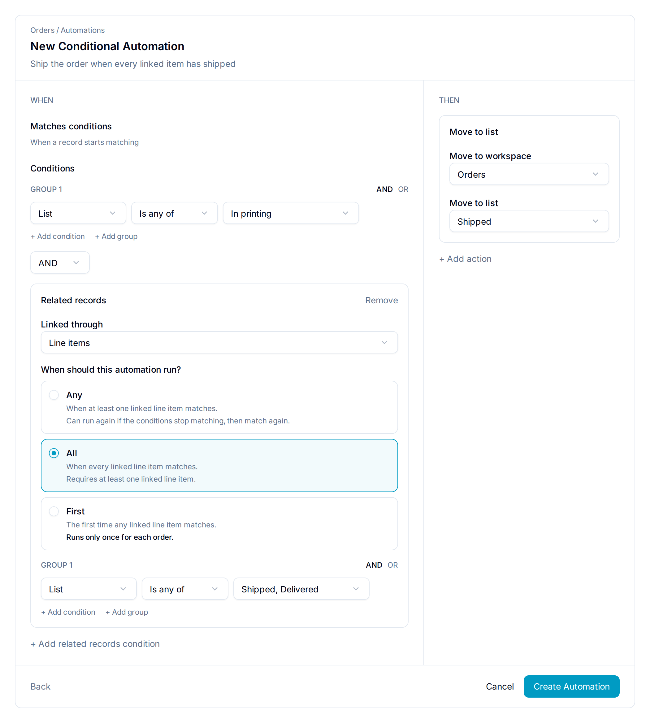 All linked line items must be Shipped or Delivered before the order ships