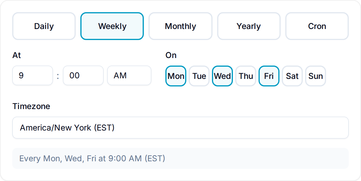 Scheduled automation configurator showing Weekly selected, Mon/Wed/Fri toggled, time and time zone, and the generated schedule preview