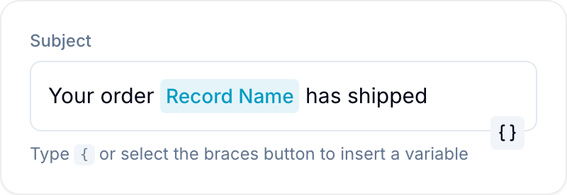 Variable picker inserting a variable chip into an email subject field