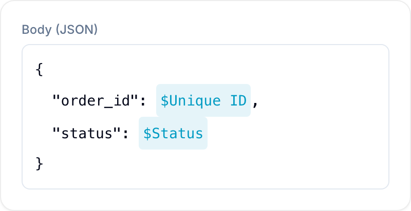 A JSON HTTP body showing $-style variable chips