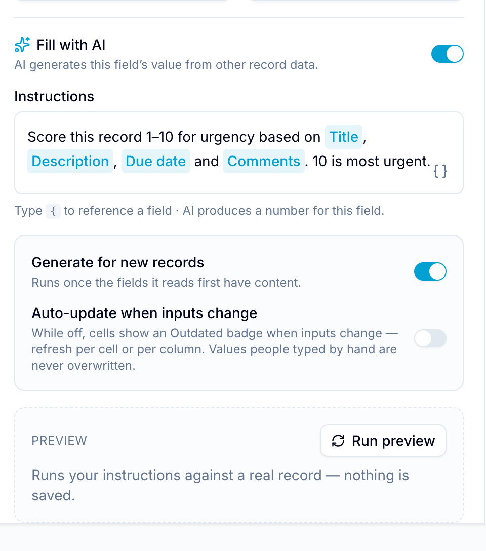 The Fill with AI panel with instructions referencing Title, Description, Due date and Comments as chips, above the two trigger switches and the preview block