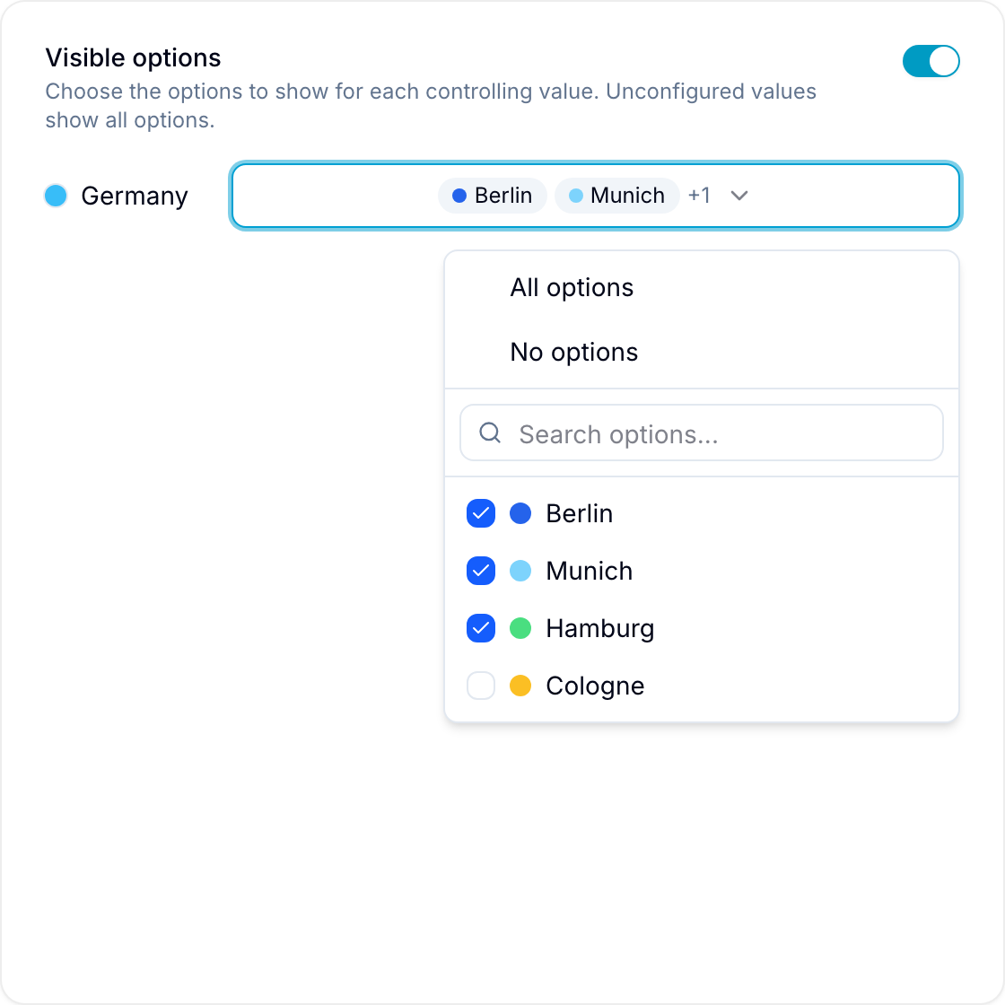 A controlling value's option picker open, with All options and No options quick actions, a search box, and checkboxes for each option