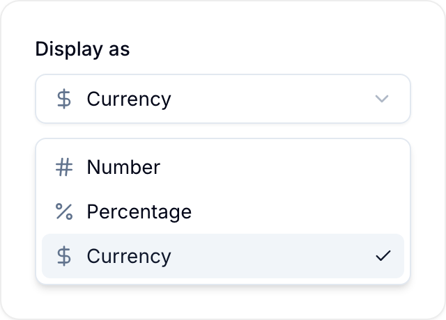 Number, Currency, and Percentage display options for a formula