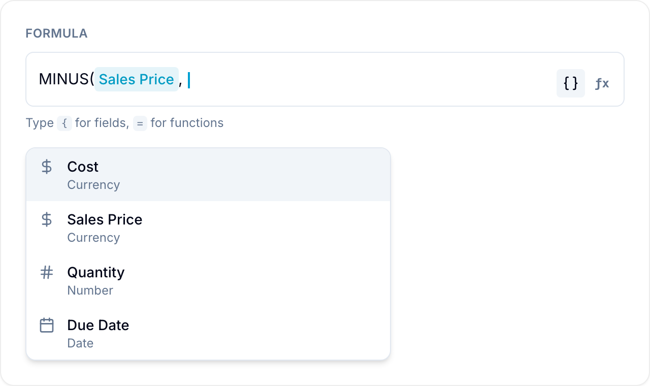 Formula editor with record fields available for selection