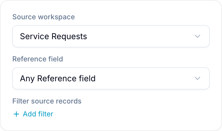 Referenced By field configuration showing Source workspace, Reference field, and Filter source records
