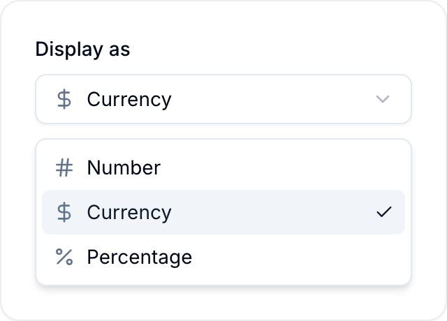 Number, Currency, and Percentage display options