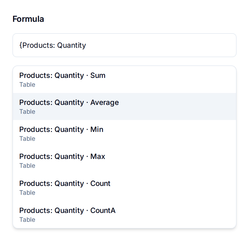 Formula field picker showing the six calculations for a table column