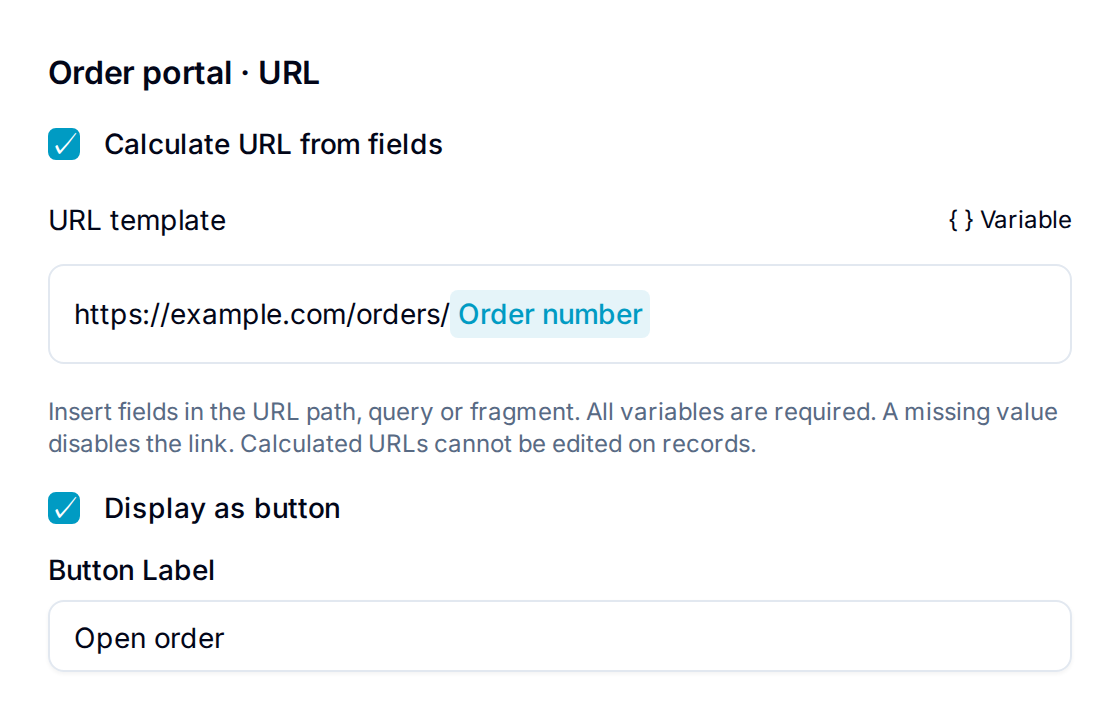 URL template containing an Order number variable and configured as an Open order button