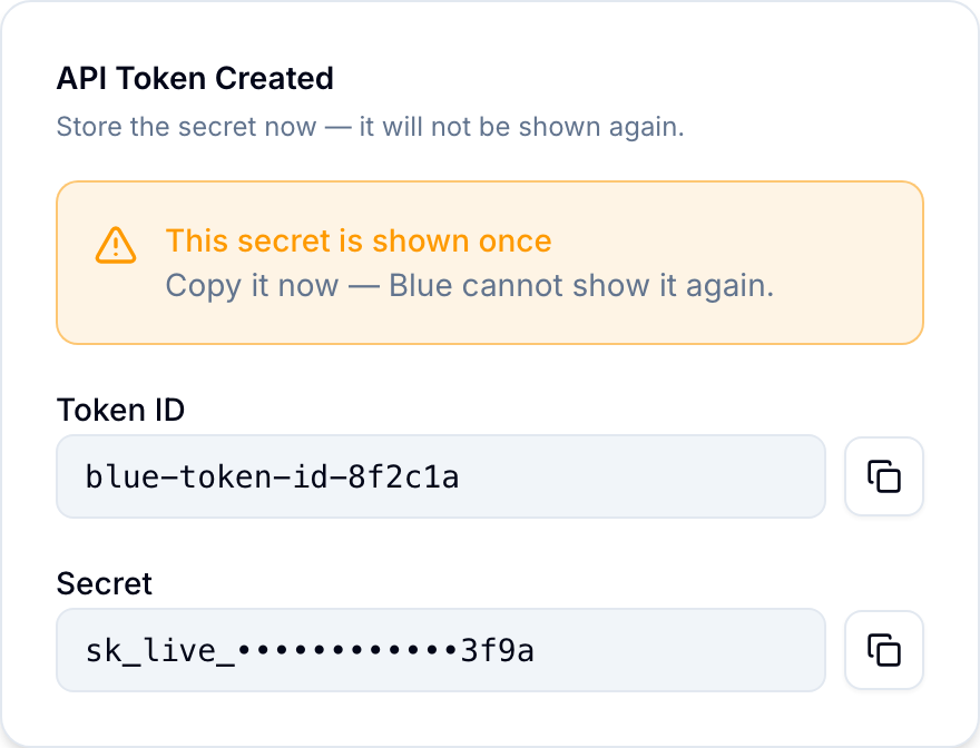 API token created, showing the one-time Token ID and Secret reveal