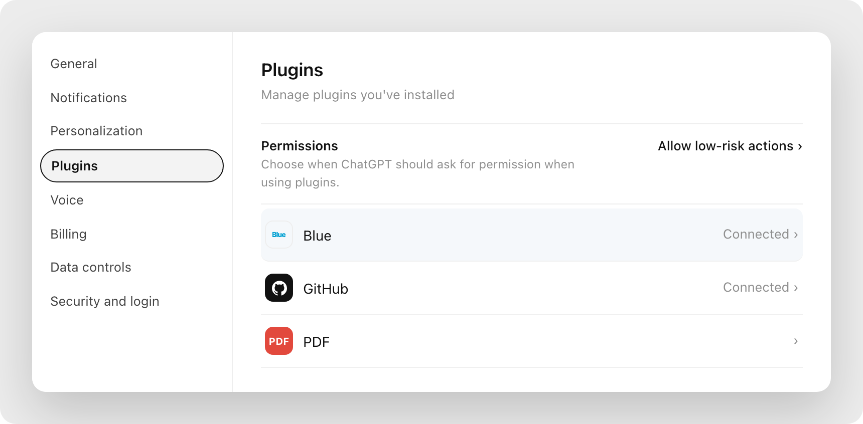 ChatGPT's Plugins settings showing Blue listed as Connected