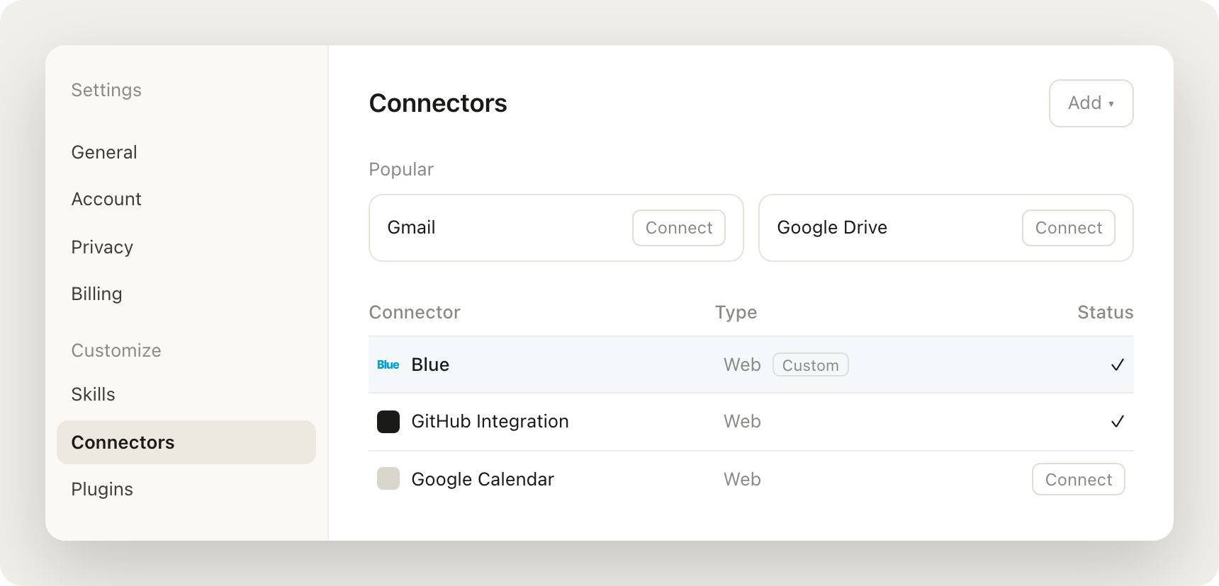 Claude's Connectors settings showing Blue listed as a connected connector