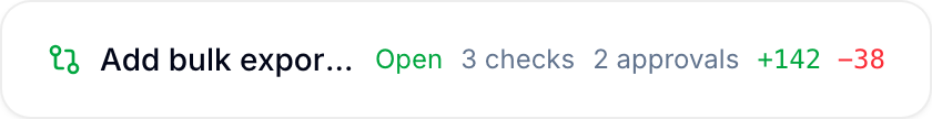 A record's GitHub field showing a linked pull request chip with state, checks, reviews, and diff stats