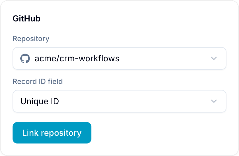 Workspace Settings > GitHub page with Repository and Record ID field selectors