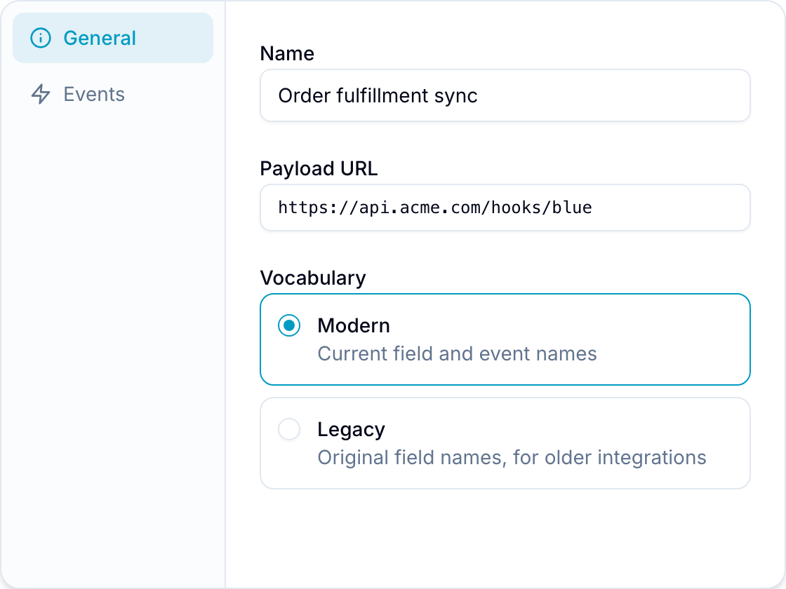 Add Webhook form with name, Payload URL, and Modern/Legacy vocabulary