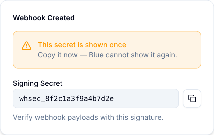 Webhook created, showing the one-time Signing Secret reveal