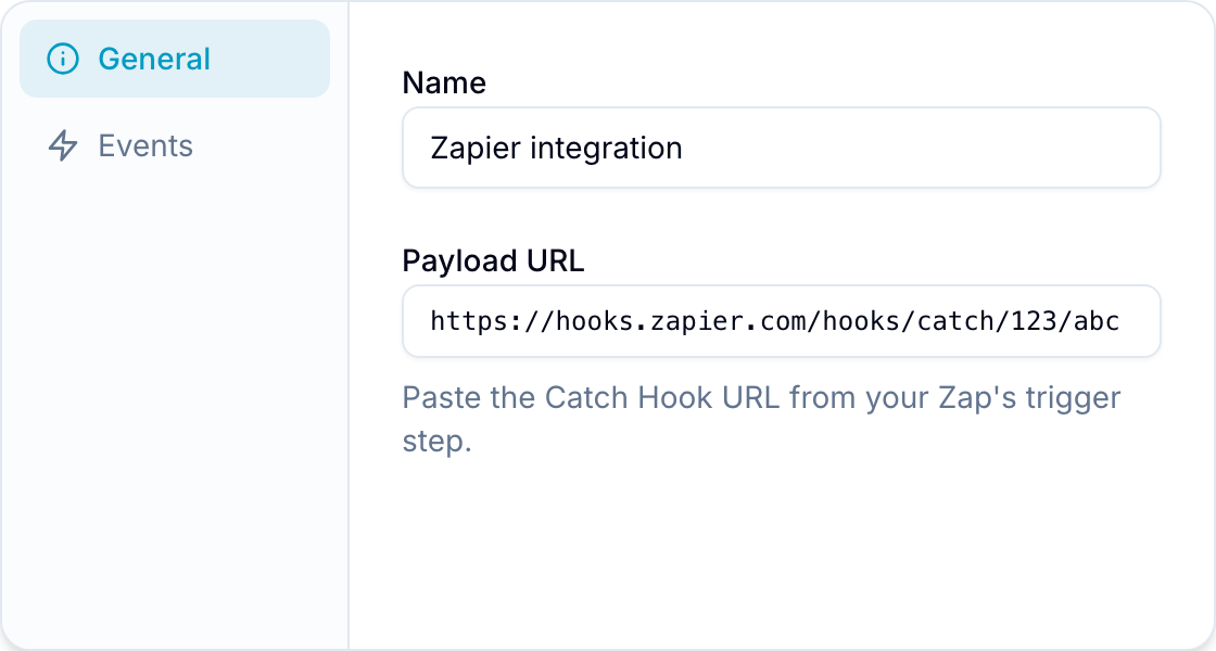 Add Webhook form filled in with a Zapier Catch Hook URL