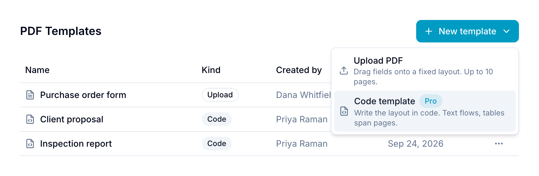 New template menu