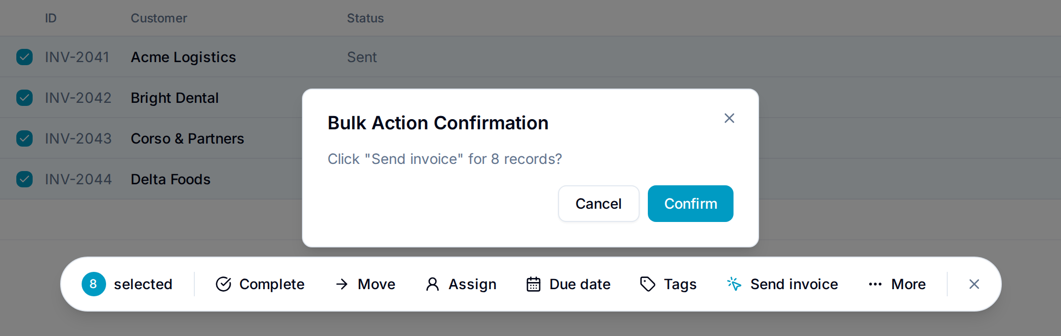 Confirm a bulk button Confirmation before a bulk button runs