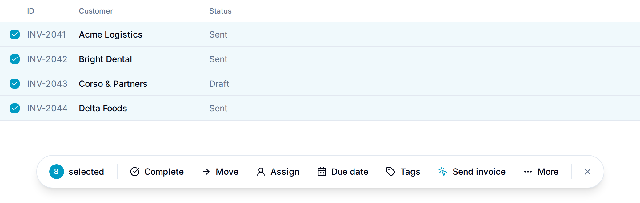 A single bulk button on the selection bar A single bulk button on the record selection bar