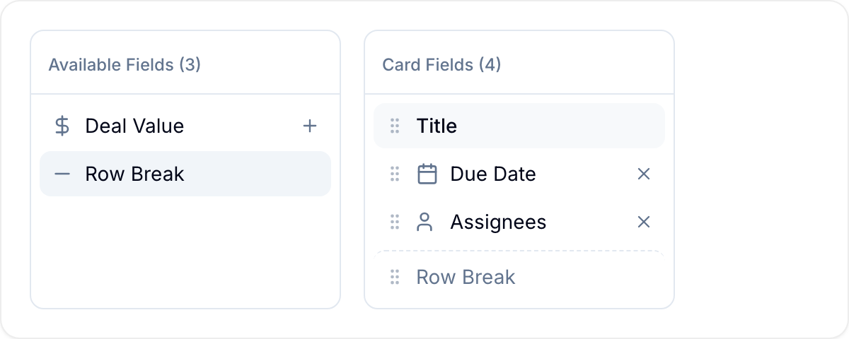 Available Fields and Card Fields panels with drag handles