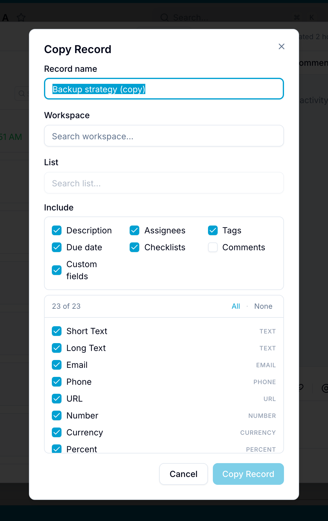 The Copy Record dialog with include options and the custom-field picker