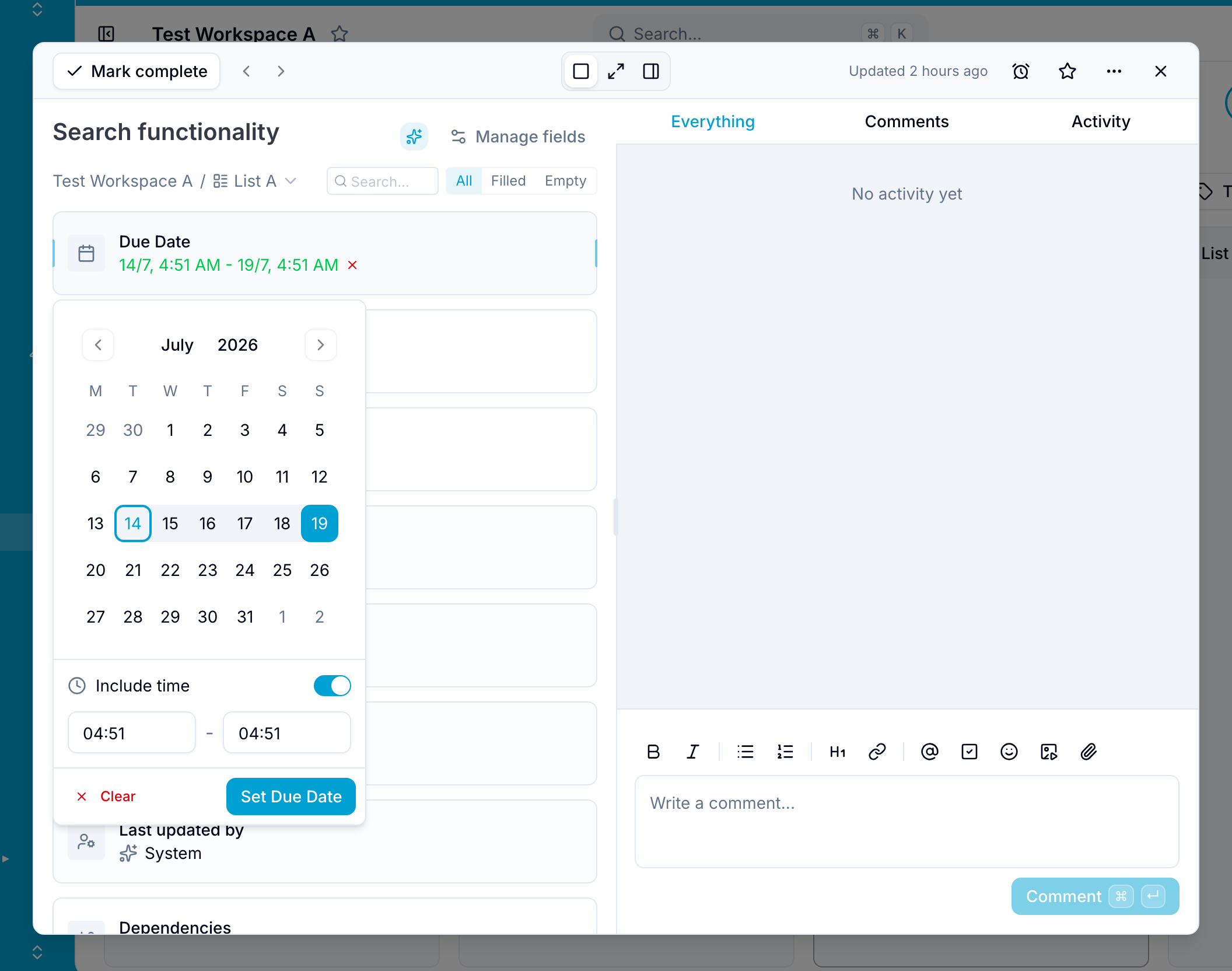 The due date picker with calendar and time fields