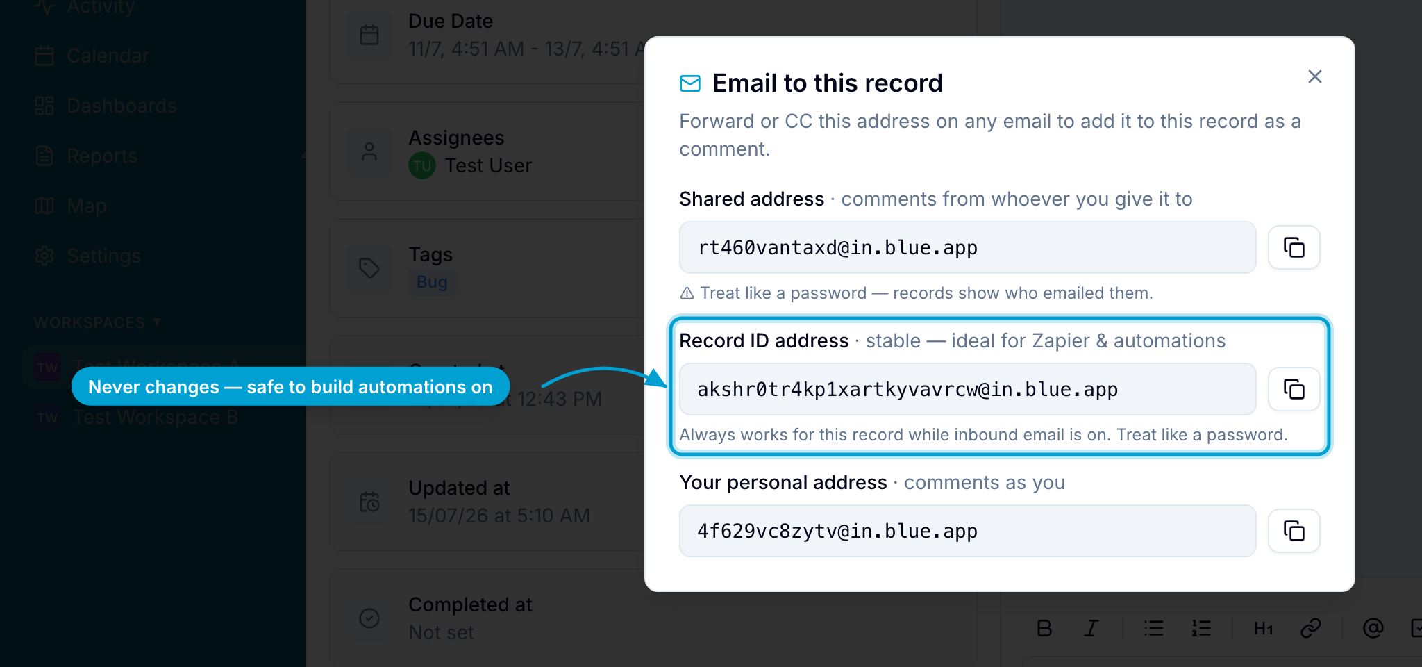 The record email dialog with the Record ID address highlighted