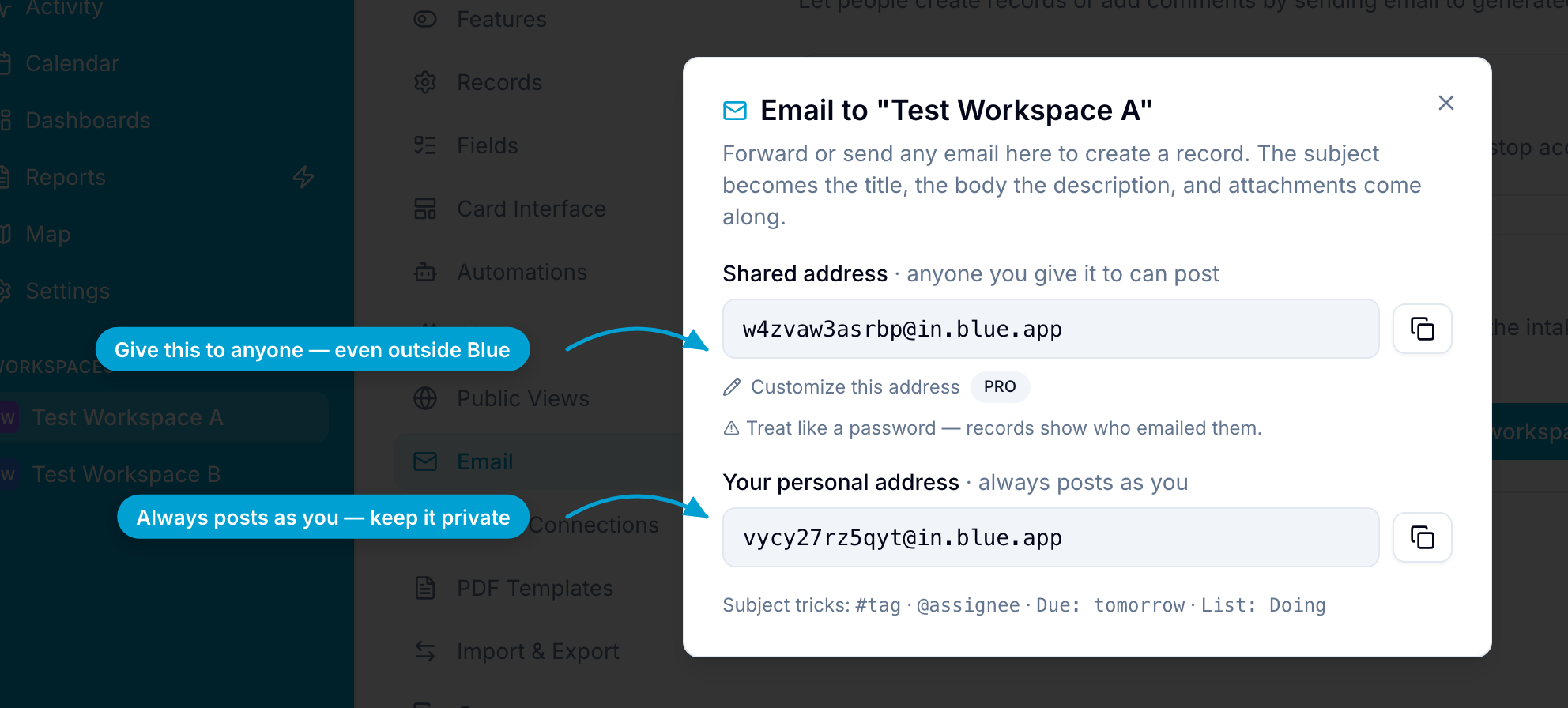 The workspace email address dialog showing the shared address and your personal address
