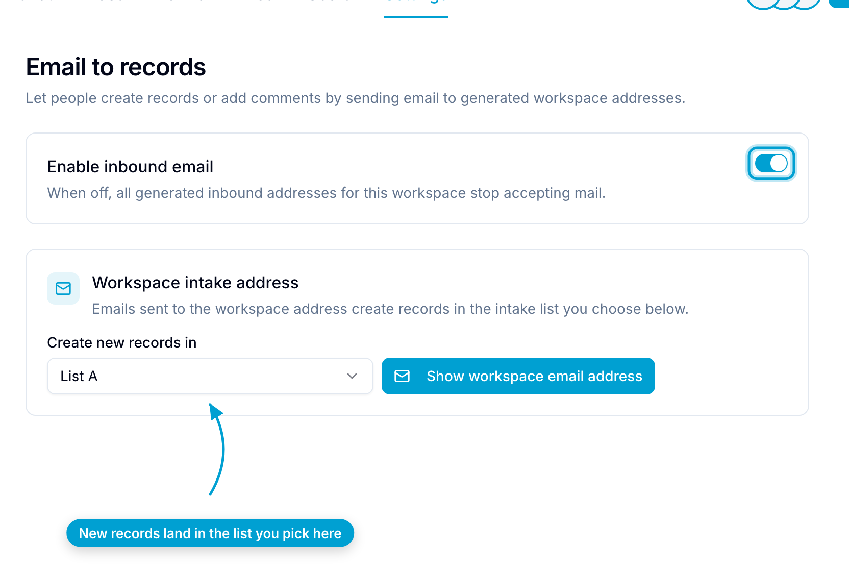 The Email section of workspace settings, with inbound email enabled and an intake list selected