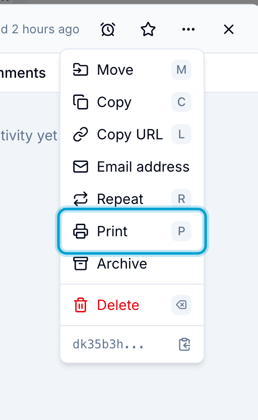 The record menu with the Print action highlighted