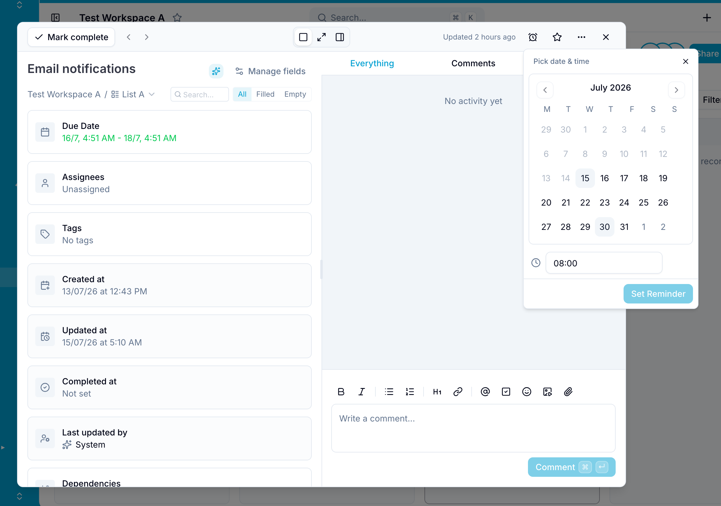Picking a custom reminder date and time