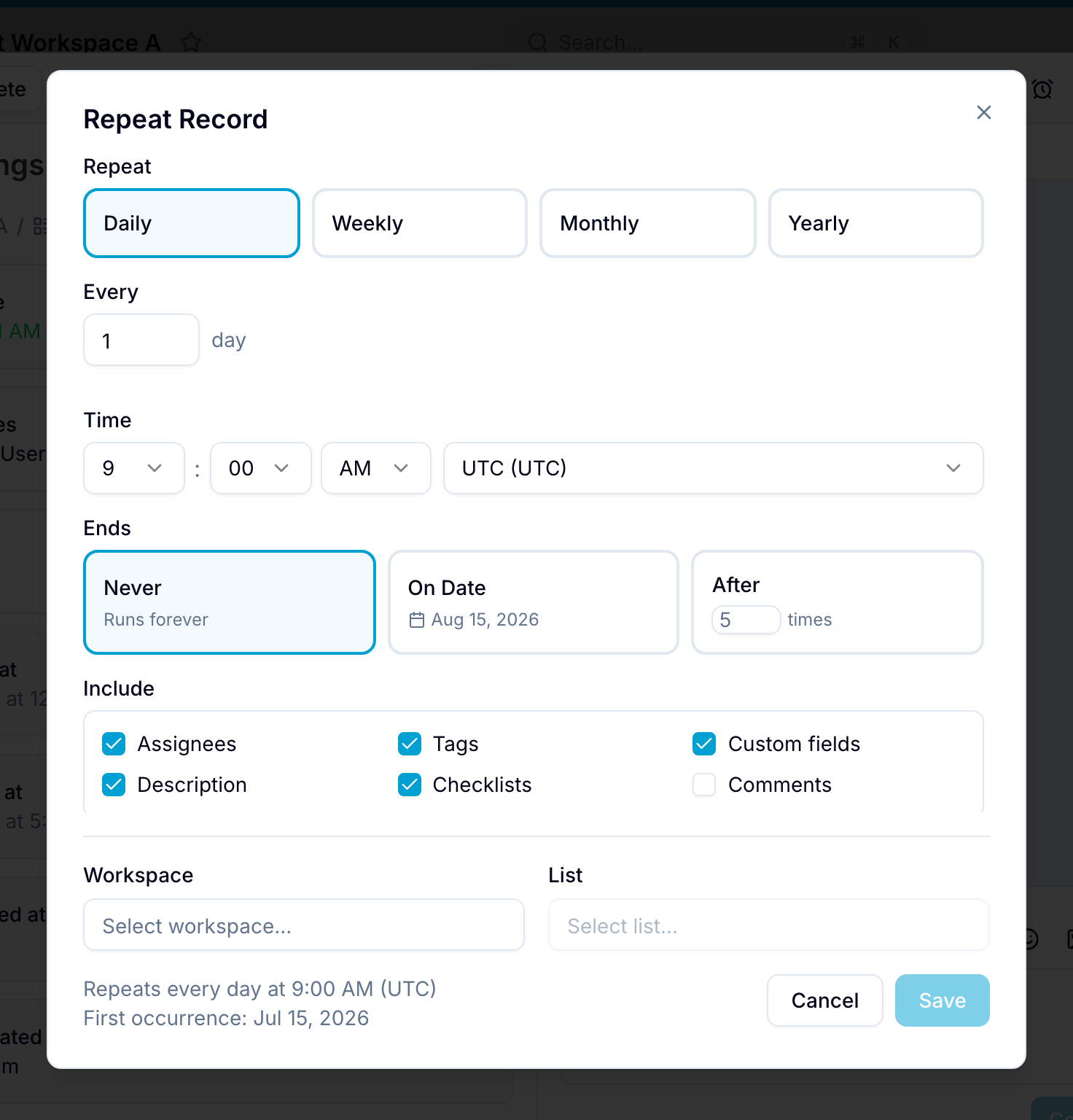 The Repeat Record dialog with interval, schedule, and include options