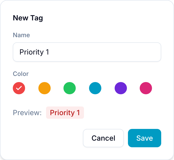 Tag creation dialog with a color picker and name field