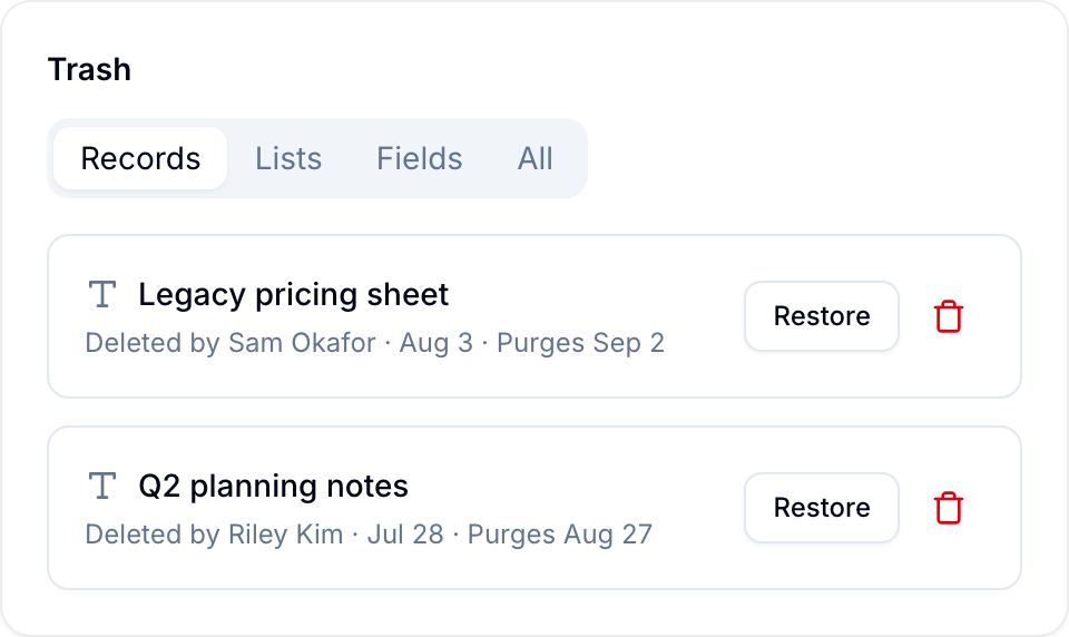 Workspace Trash list with Records/Lists/Fields/All tabs and a Restore action per row