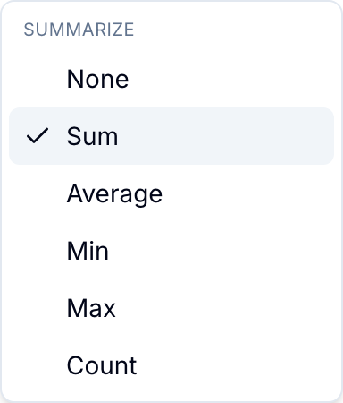 Summary picker on a numeric column showing Sum, Average, Min, Max, and Count