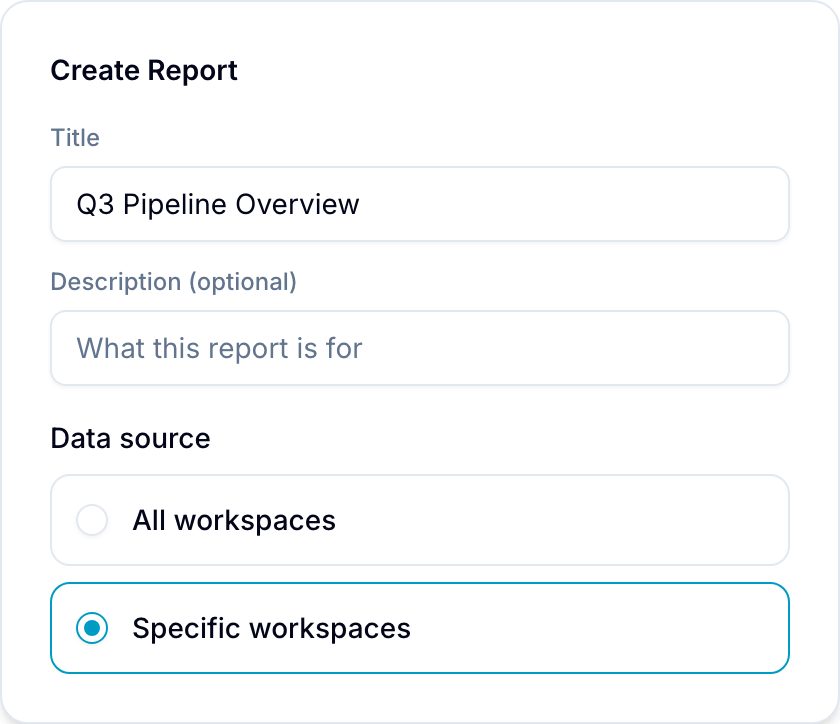 Create report dialog with Title, Description, and data source scope