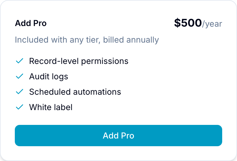 Add Pro dialog with feature list and the $500/year price