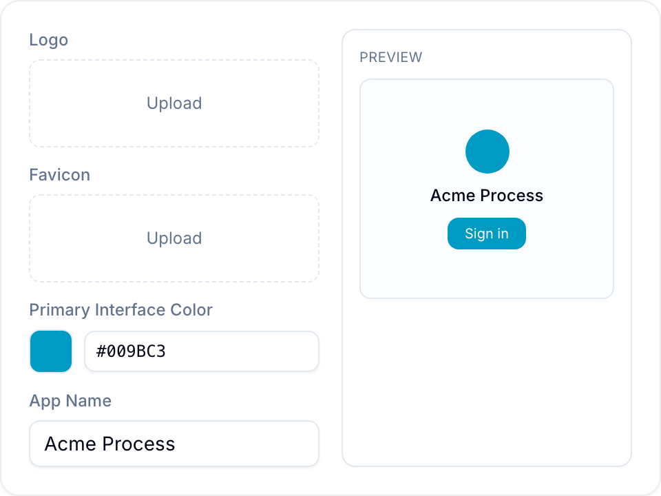 Branding panel with Logo, Favicon, Primary Interface Color, and App Name fields, and a live login preview