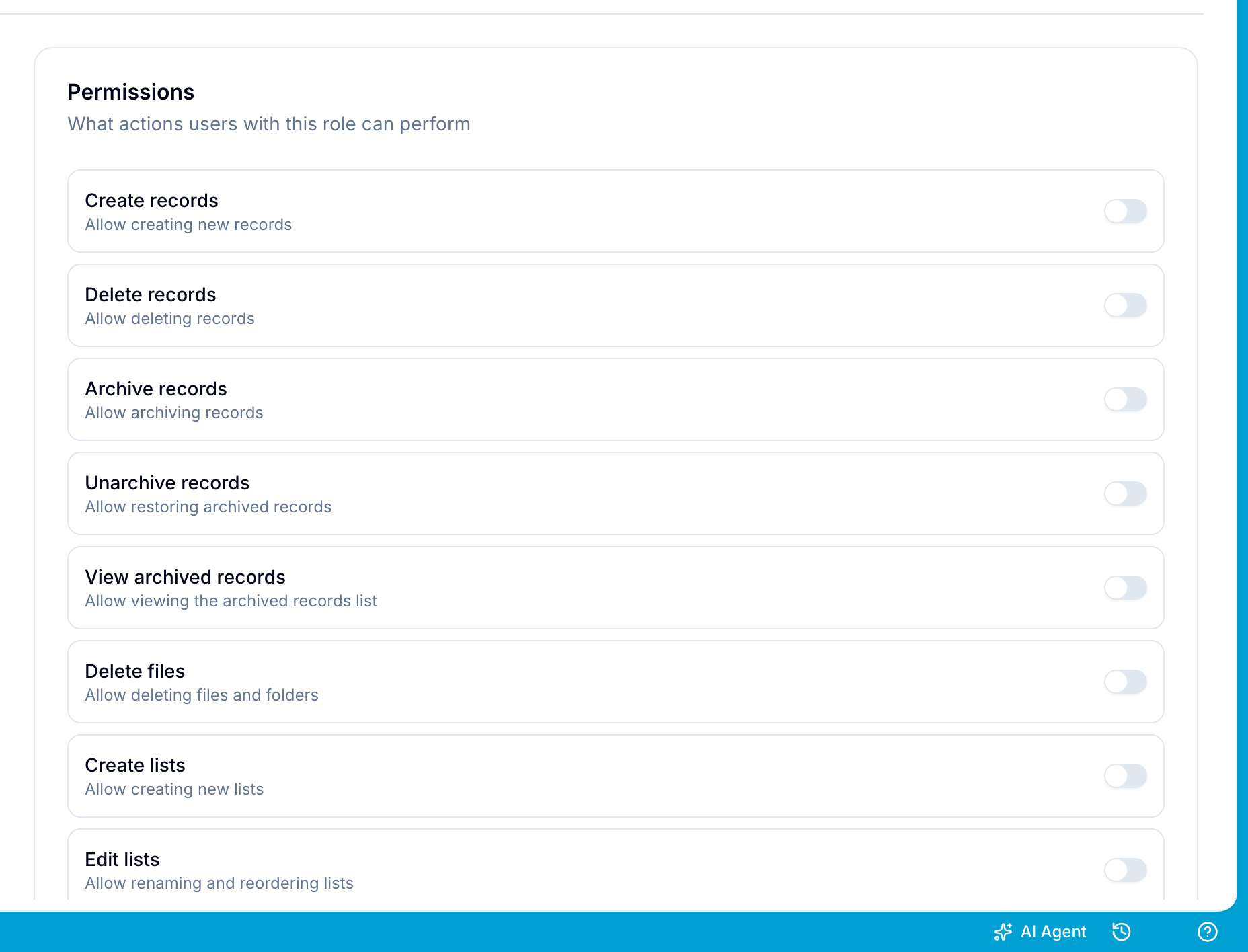 Permissions section of the role editor with toggles for create, delete, archive, and list actions