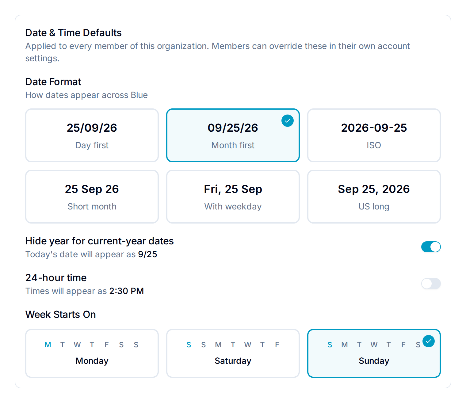 Date & Time Defaults card with date format options, hide-year and 24-hour toggles, and week start options
