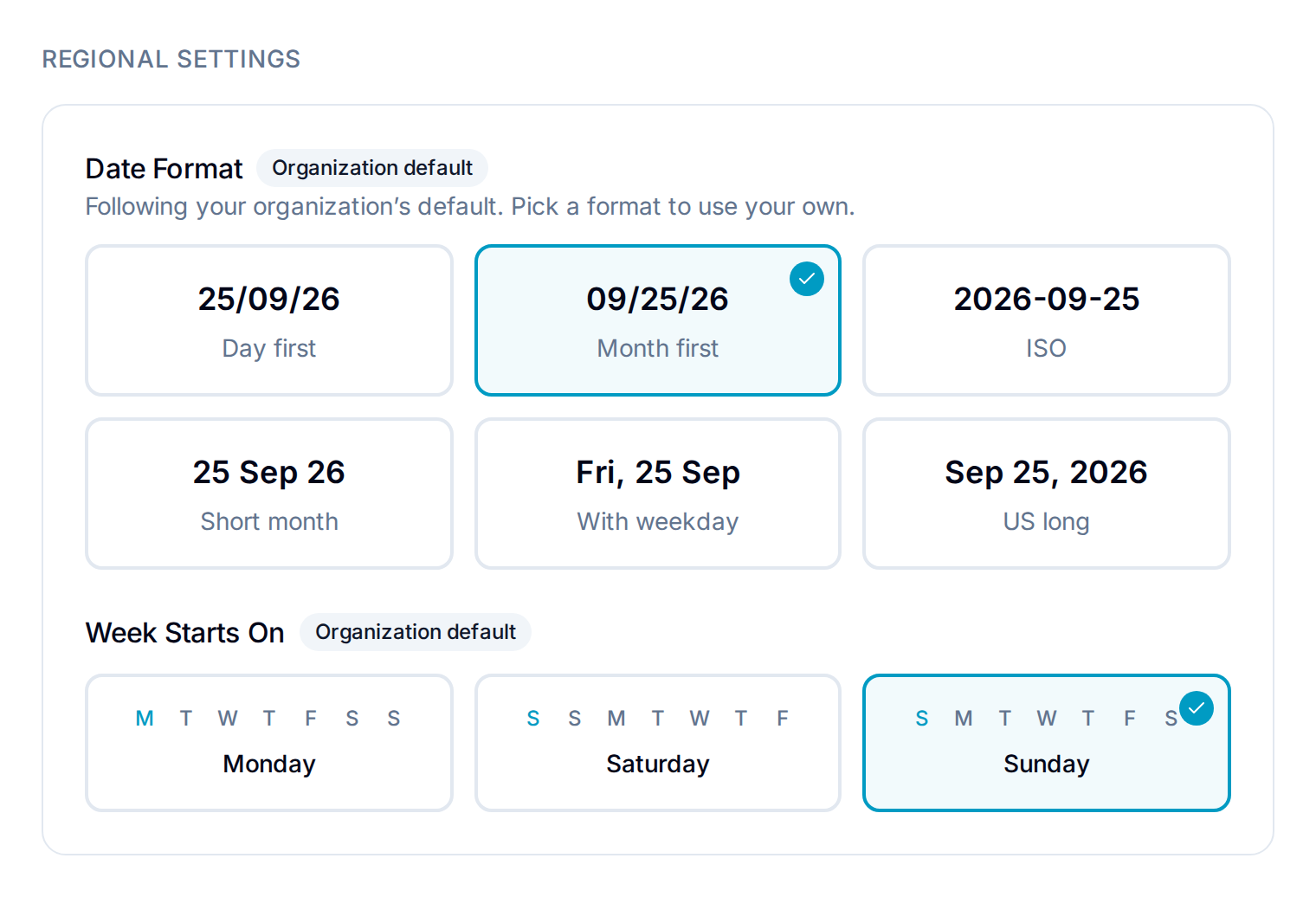 Regional Settings with Organization default badges on Date Format and Week Starts On