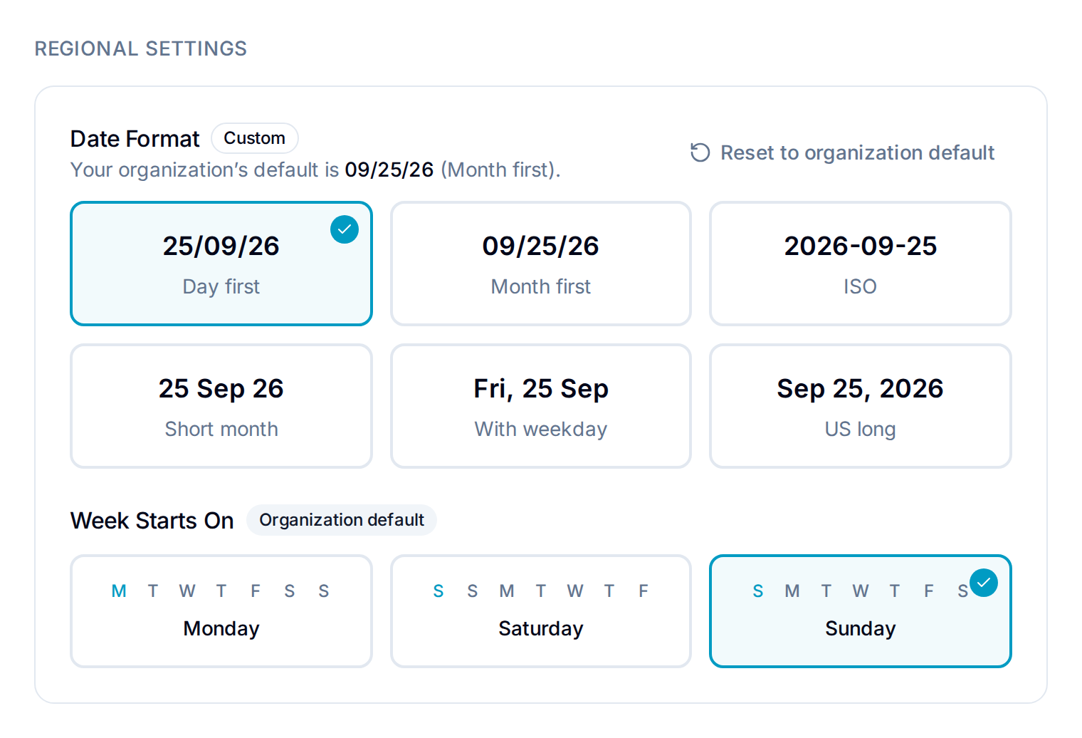 Date Format with a Custom badge and a Reset to organization default action, while Week Starts On still shows Organization default