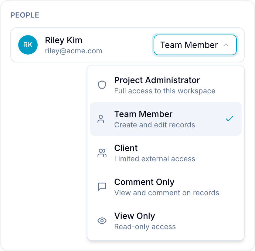 Role picker opened from a member's row in People, showing all five workspace roles