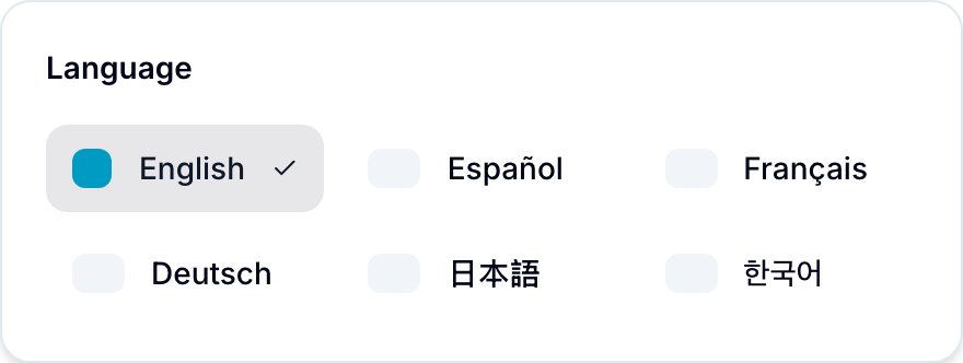 Language dialog with English selected among the supported languages